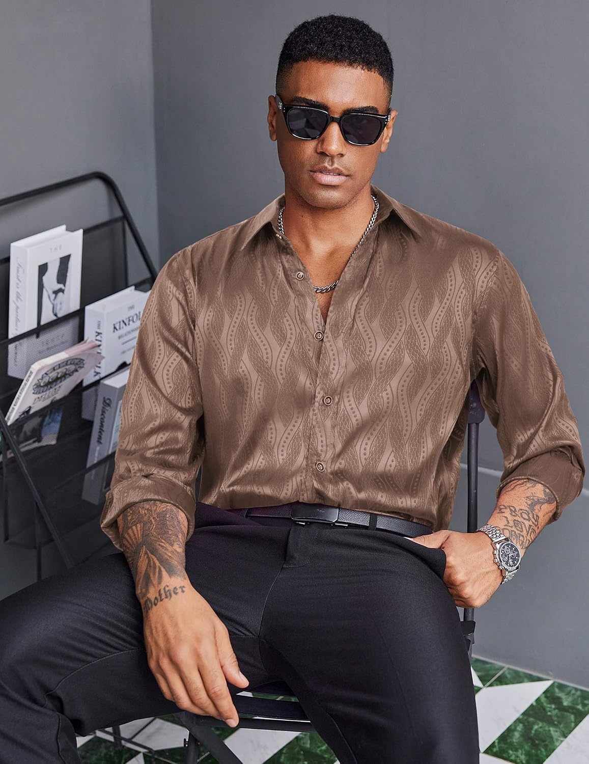 image:imageCOOFANDY Mens Stain Dress Shirts Jacquard Long Sleeve Floral Button Up Shirts Party Prom Wedding ShirtBrown Twist