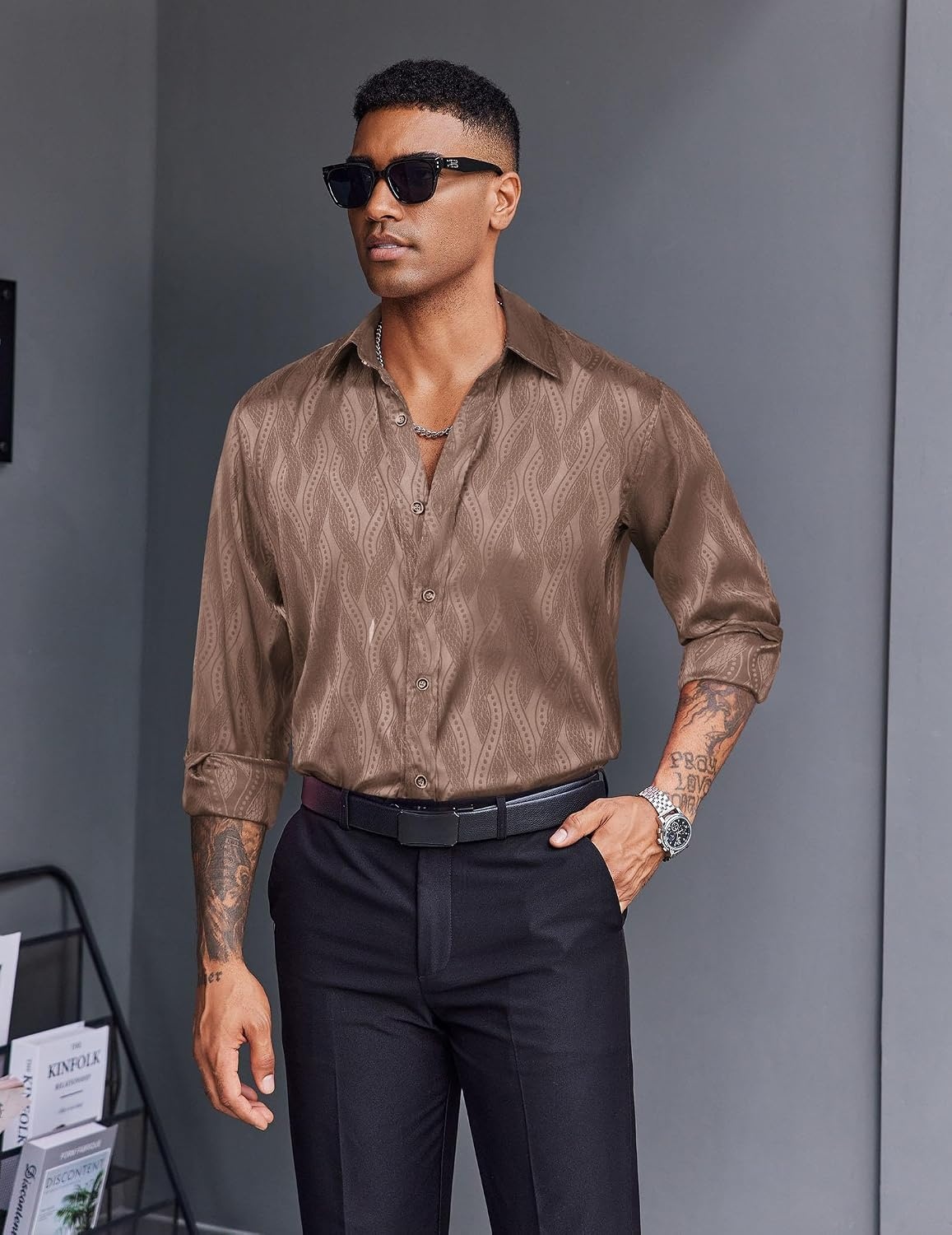 image:imageCOOFANDY Mens Stain Dress Shirts Jacquard Long Sleeve Floral Button Up Shirts Party Prom Wedding ShirtBrown Twist