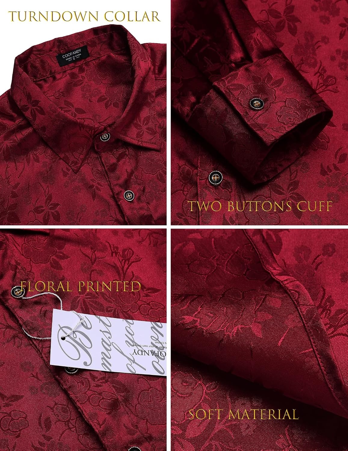 image:imageCOOFANDY Mens Stain Dress Shirts Jacquard Long Sleeve Floral Button Up Shirts Party Prom Wedding ShirtBurgundy