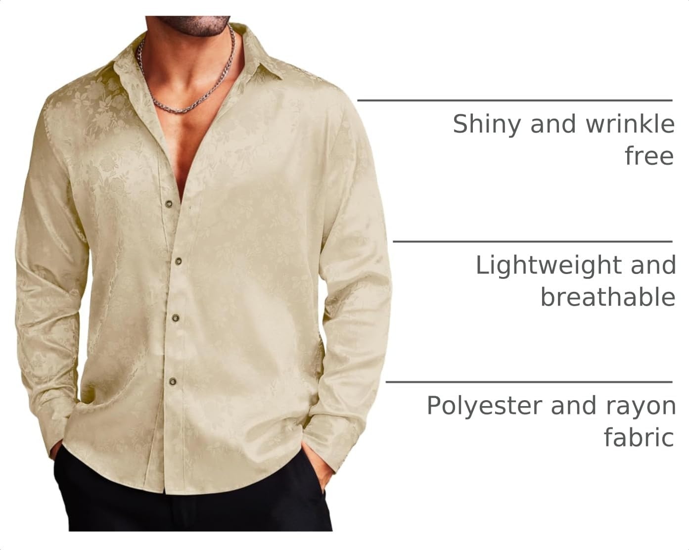 image:imageCOOFANDY Mens Stain Dress Shirts Jacquard Long Sleeve Floral Button Up Shirts Party Prom Wedding ShirtCream Rose