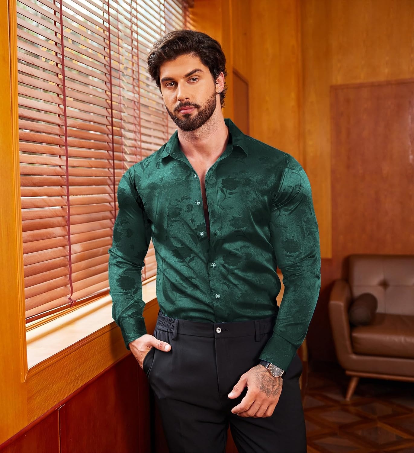 image:imageCOOFANDY Mens Stain Dress Shirts Jacquard Long Sleeve Floral Button Up Shirts Party Prom Wedding ShirtGreen Rose Jacquard