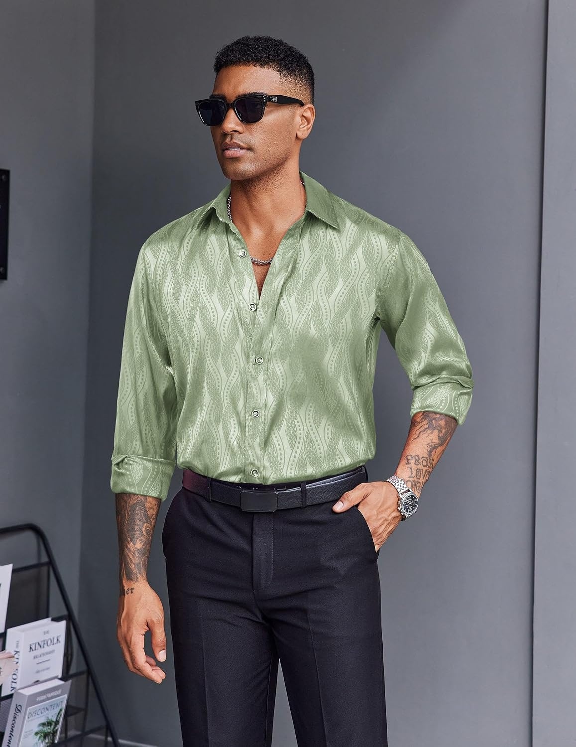 image:imageCOOFANDY Mens Stain Dress Shirts Jacquard Long Sleeve Floral Button Up Shirts Party Prom Wedding ShirtGreen Twist