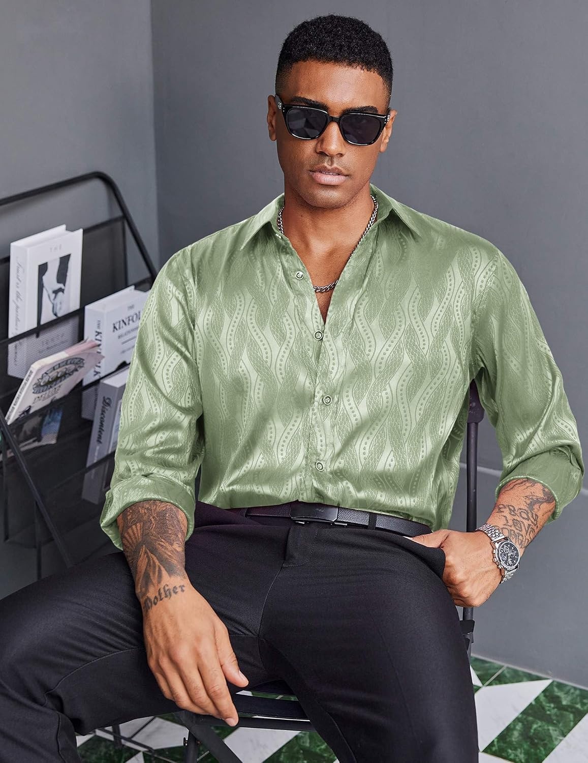 image:imageCOOFANDY Mens Stain Dress Shirts Jacquard Long Sleeve Floral Button Up Shirts Party Prom Wedding ShirtGreen Twist