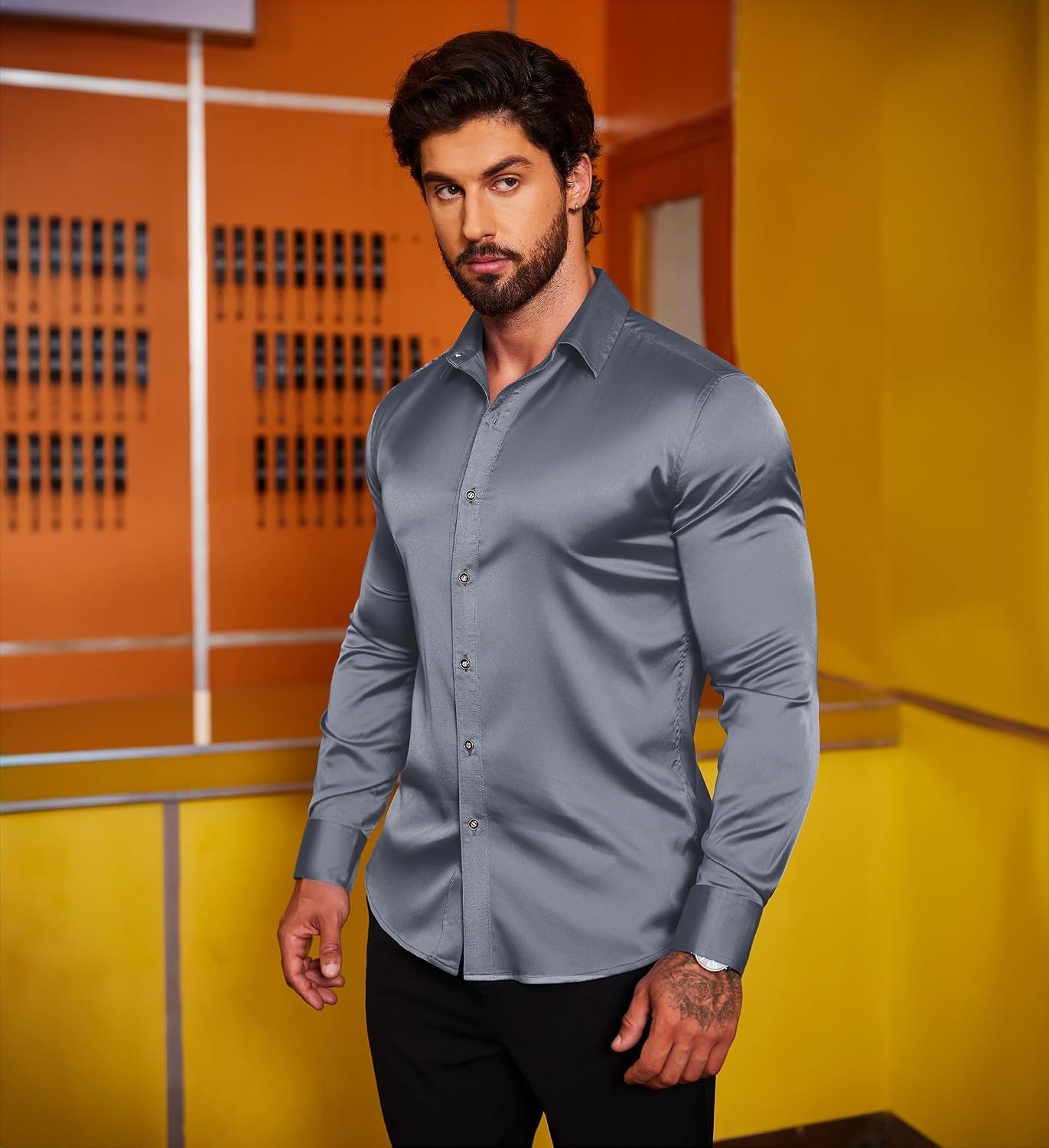 image:imageCOOFANDY Mens Stain Dress Shirts Jacquard Long Sleeve Floral Button Up Shirts Party Prom Wedding ShirtGrey