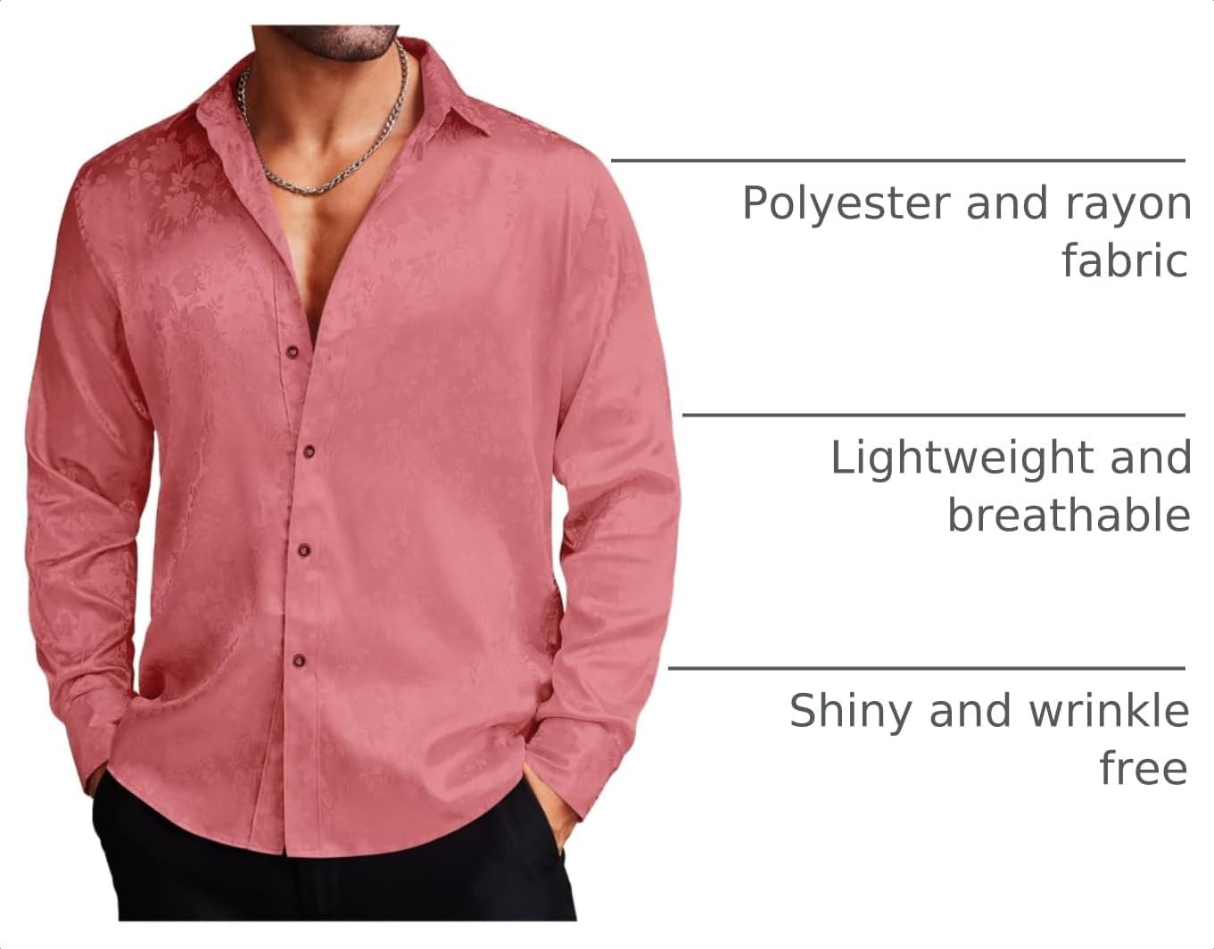 image:imageCOOFANDY Mens Stain Dress Shirts Jacquard Long Sleeve Floral Button Up Shirts Party Prom Wedding ShirtMisty Rose