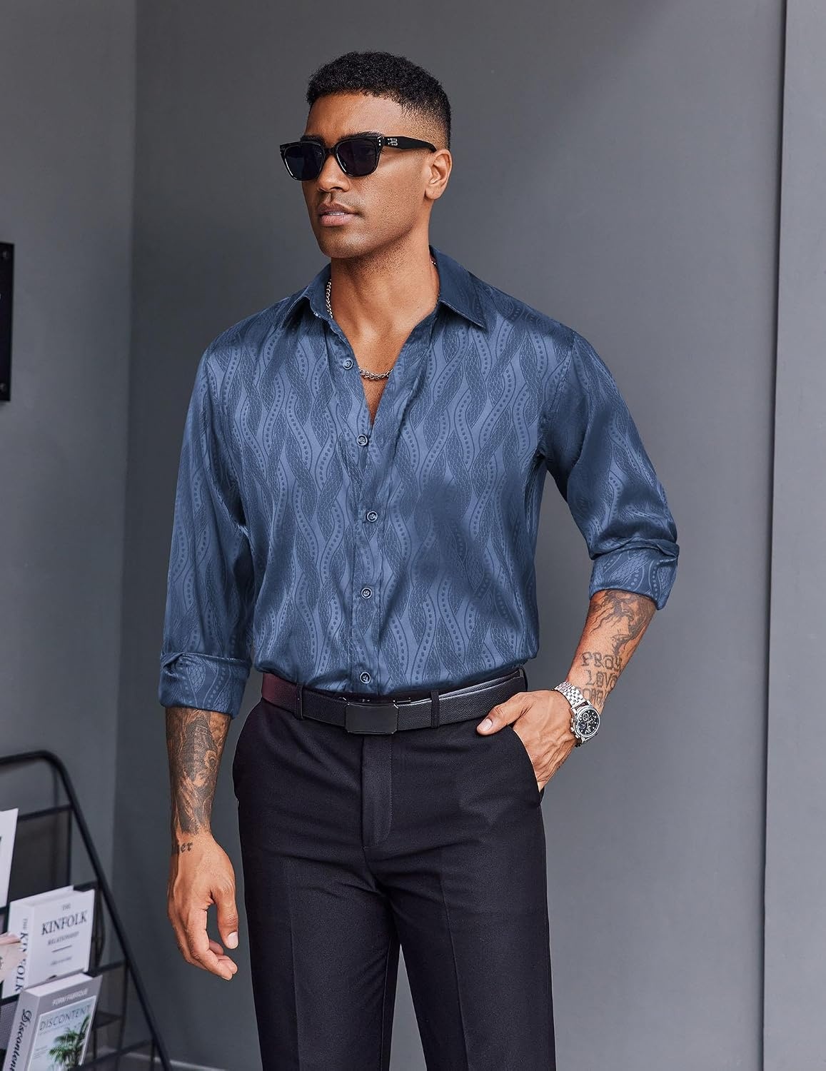 image:imageCOOFANDY Mens Stain Dress Shirts Jacquard Long Sleeve Floral Button Up Shirts Party Prom Wedding ShirtNavy Blue Twist