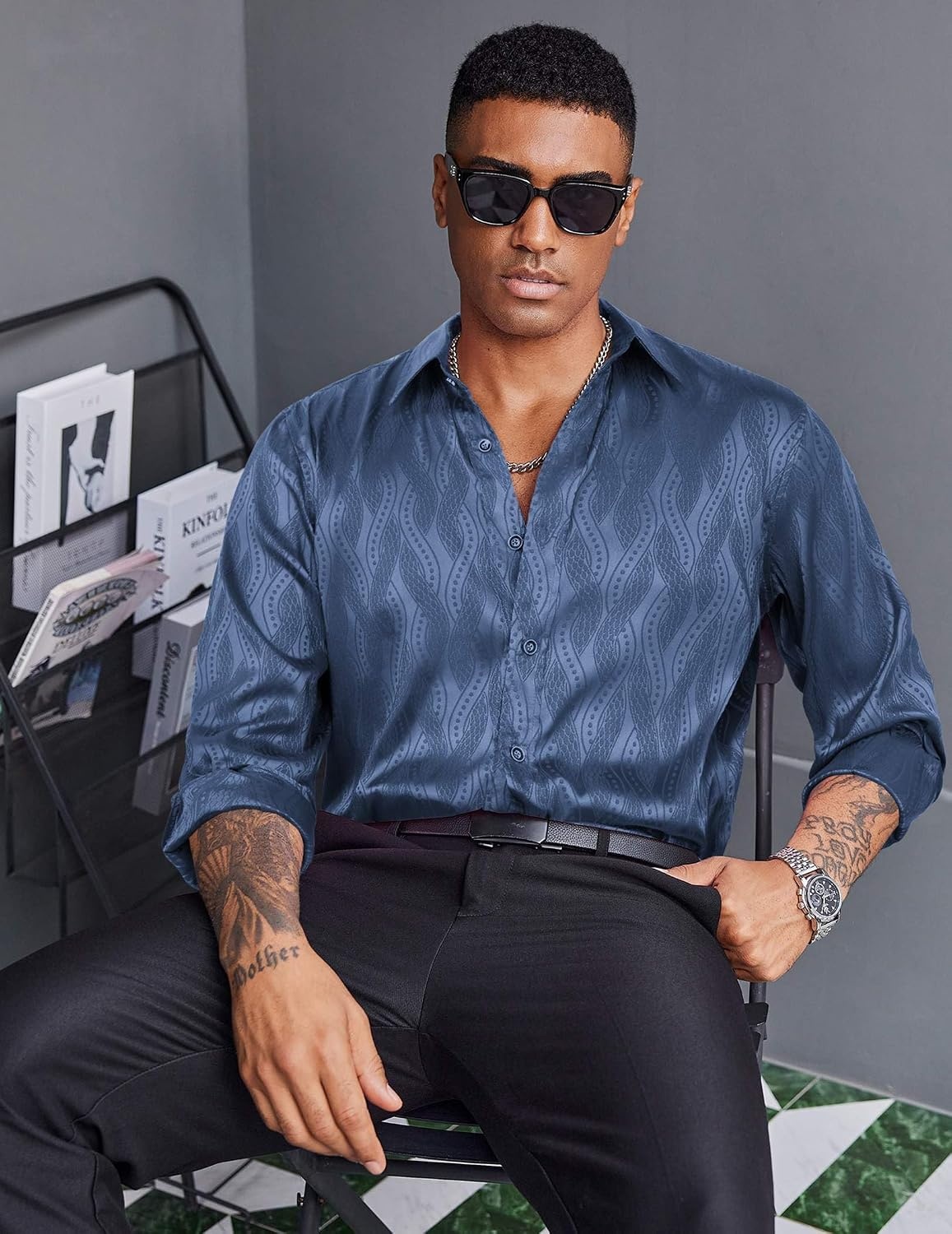 image:imageCOOFANDY Mens Stain Dress Shirts Jacquard Long Sleeve Floral Button Up Shirts Party Prom Wedding ShirtNavy Blue Twist