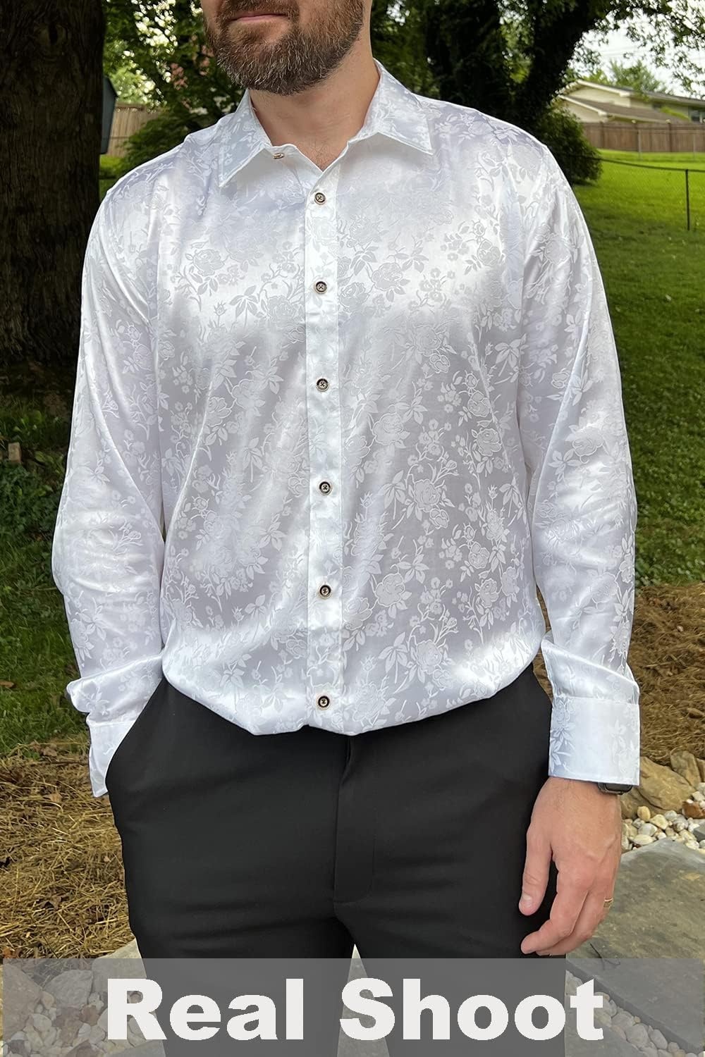 image:imageCOOFANDY Mens Stain Dress Shirts Jacquard Long Sleeve Floral Button Up Shirts Party Prom Wedding ShirtPear White