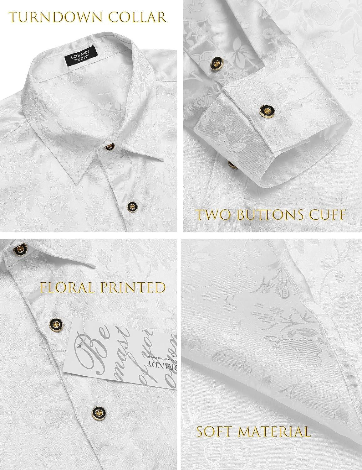 image:imageCOOFANDY Mens Stain Dress Shirts Jacquard Long Sleeve Floral Button Up Shirts Party Prom Wedding ShirtPear White