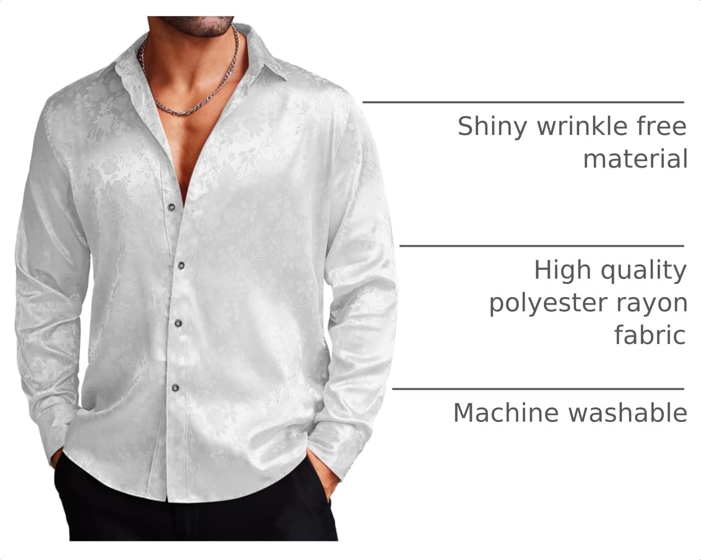 image:imageCOOFANDY Mens Stain Dress Shirts Jacquard Long Sleeve Floral Button Up Shirts Party Prom Wedding ShirtPear White