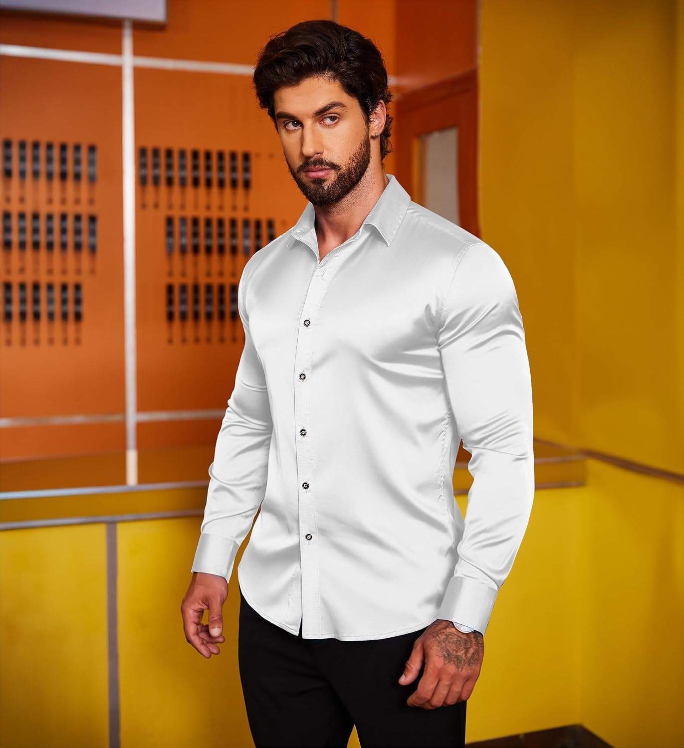 image:imageCOOFANDY Mens Stain Dress Shirts Jacquard Long Sleeve Floral Button Up Shirts Party Prom Wedding ShirtPwhite