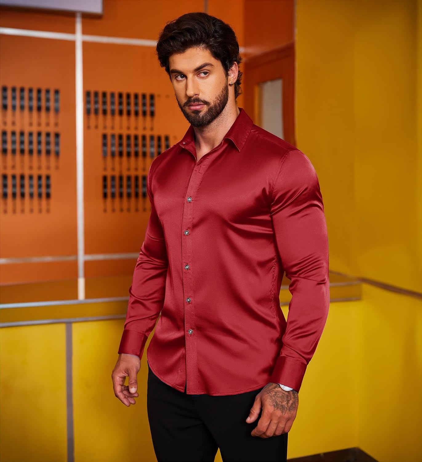 image:imageCOOFANDY Mens Stain Dress Shirts Jacquard Long Sleeve Floral Button Up Shirts Party Prom Wedding ShirtPwine Red