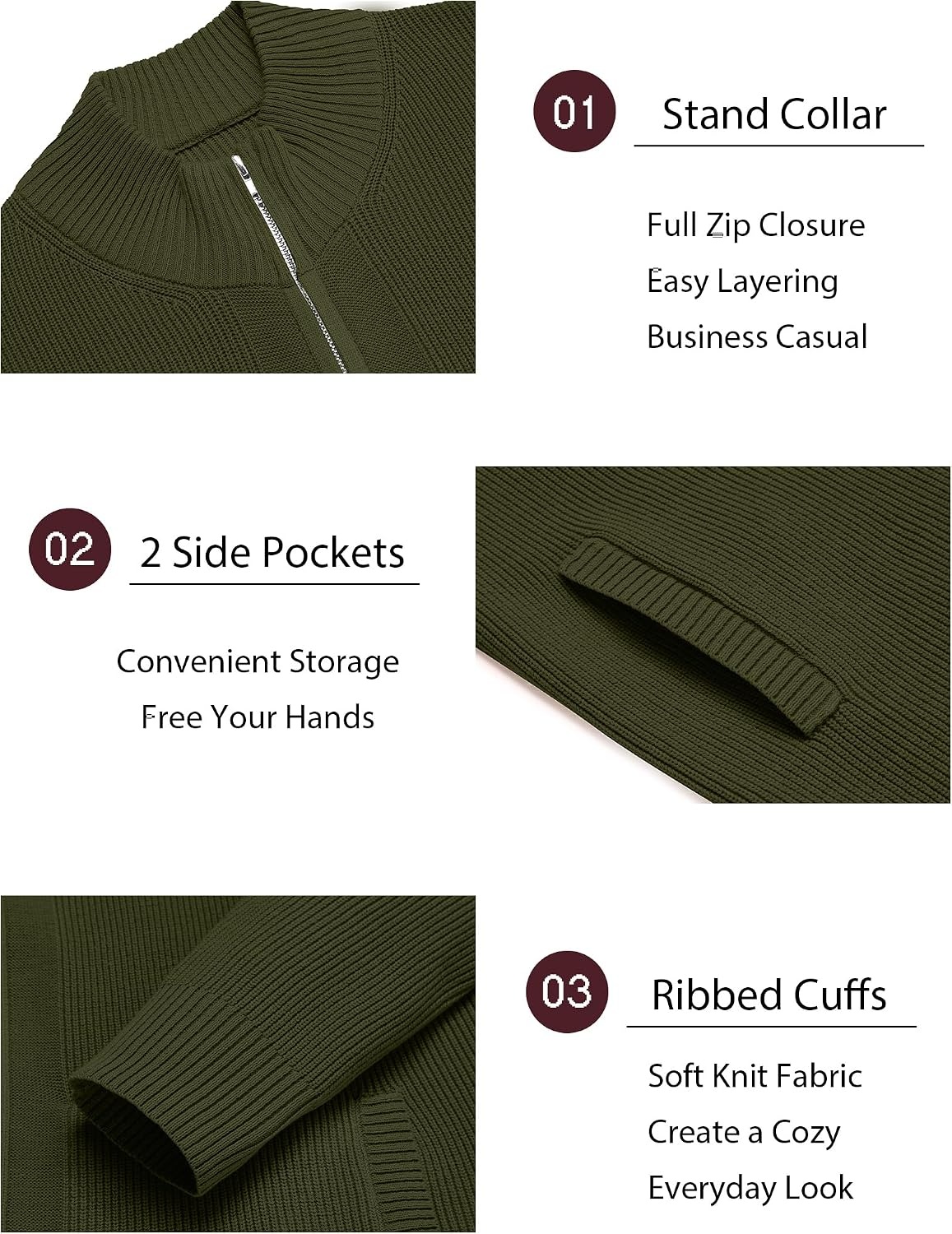 image:imageCOOFANDY Mens Zip Up Cardigan Sweater Slim Fit Casual Full Zipper SweatersArmy Green