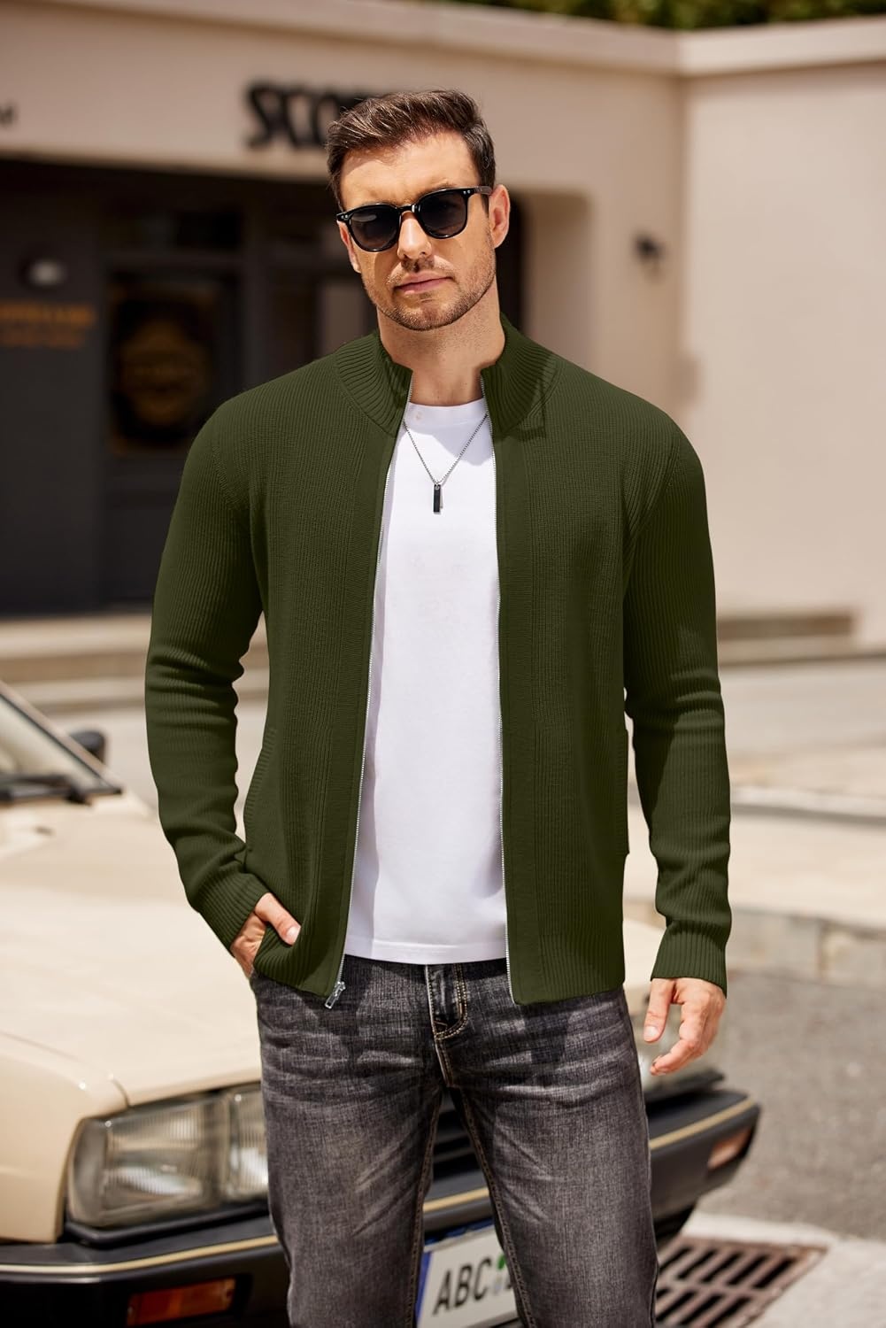 image:imageCOOFANDY Mens Zip Up Cardigan Sweater Slim Fit Casual Full Zipper SweatersArmy Green