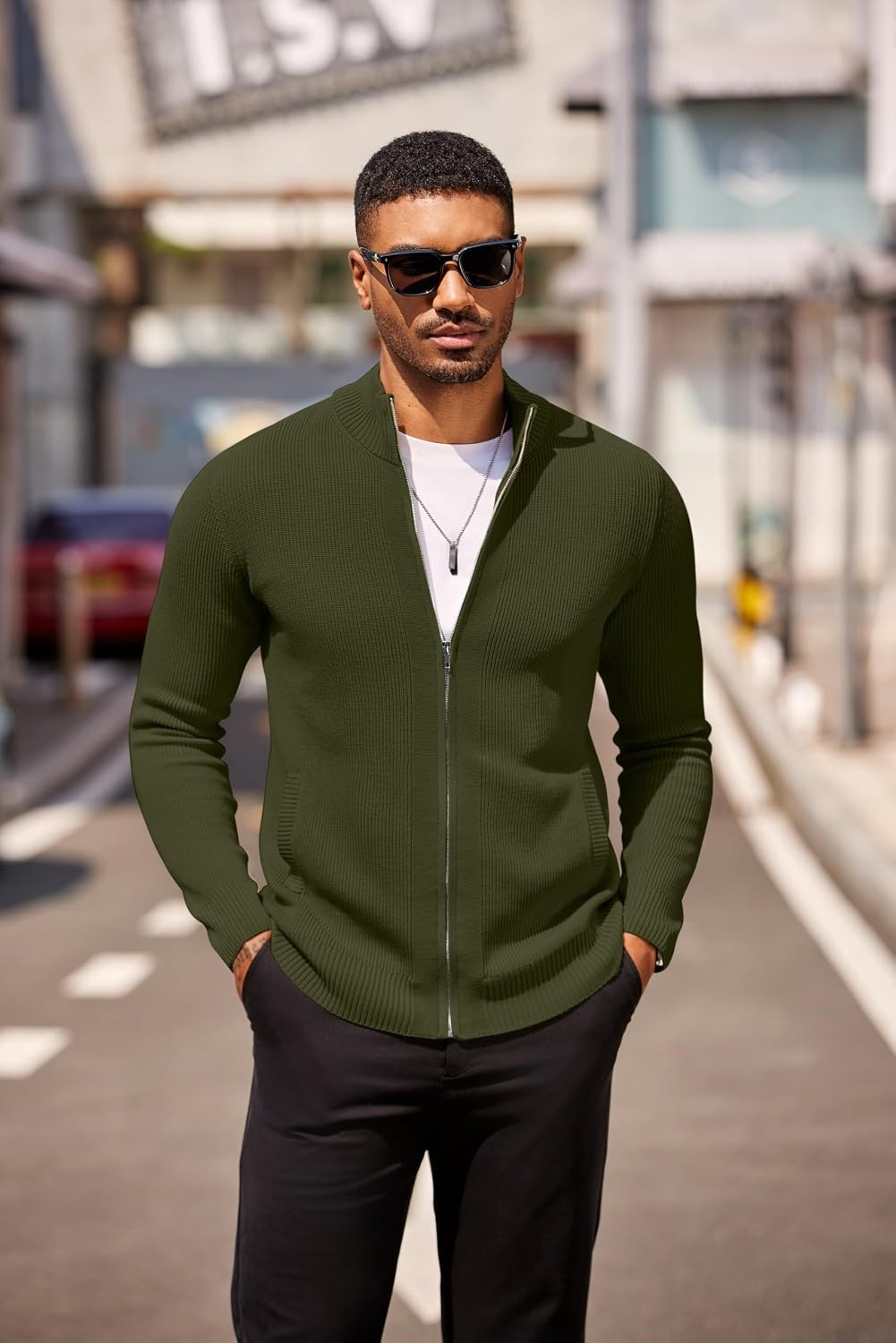 image:imageCOOFANDY Mens Zip Up Cardigan Sweater Slim Fit Casual Full Zipper SweatersArmy Green