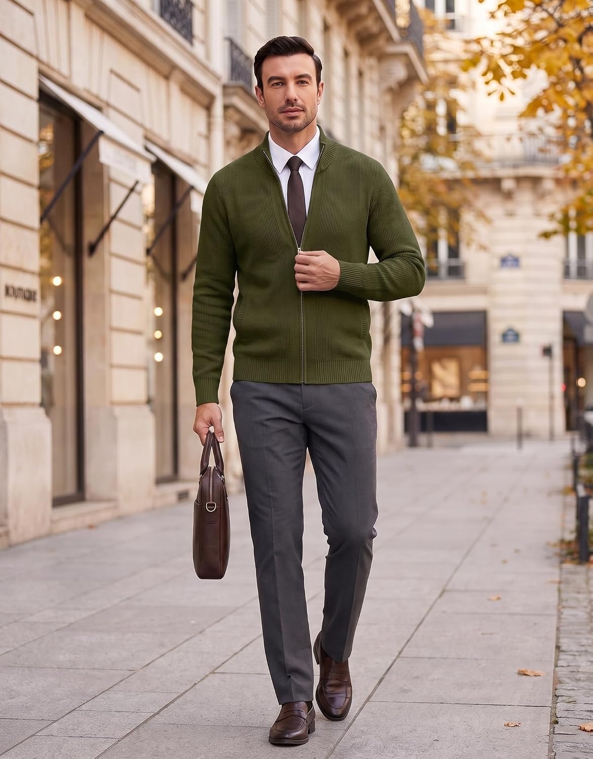image:imageCOOFANDY Mens Zip Up Cardigan Sweater Slim Fit Casual Full Zipper SweatersArmy Green