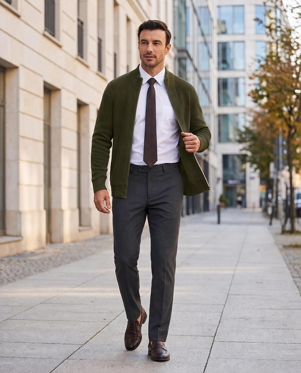 image:imageCOOFANDY Mens Zip Up Cardigan Sweater Slim Fit Casual Full Zipper SweatersArmy Green