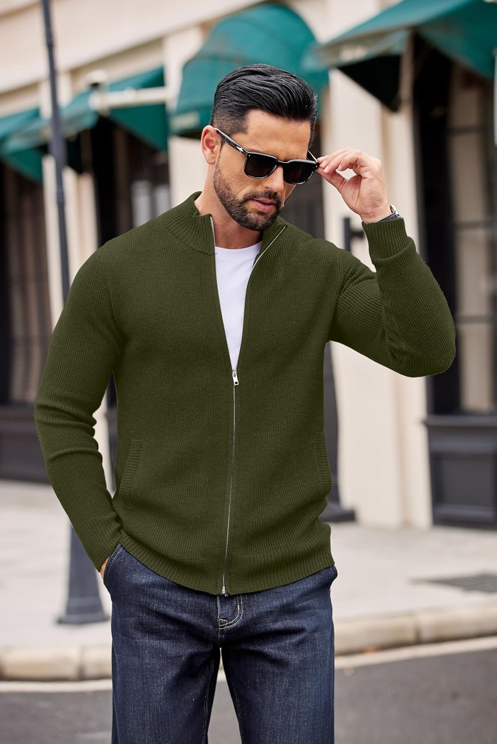 image:imageCOOFANDY Mens Zip Up Cardigan Sweater Slim Fit Casual Full Zipper SweatersArmy Green