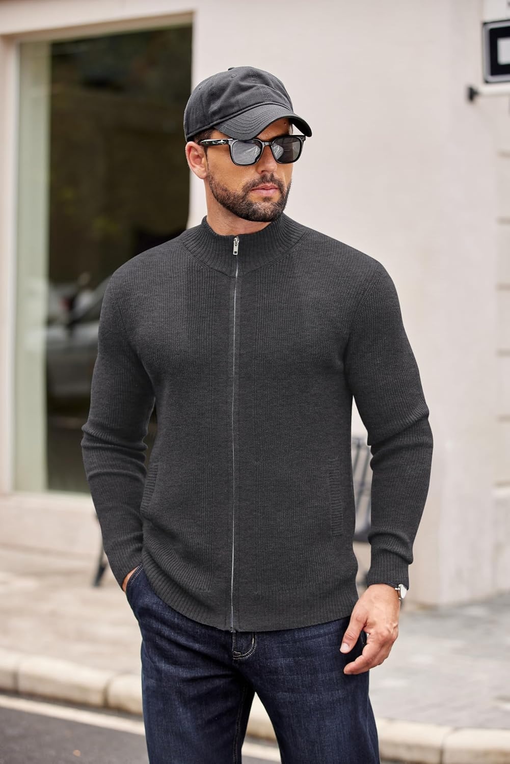 image:imageCOOFANDY Mens Zip Up Cardigan Sweater Slim Fit Casual Full Zipper SweatersDark Gray