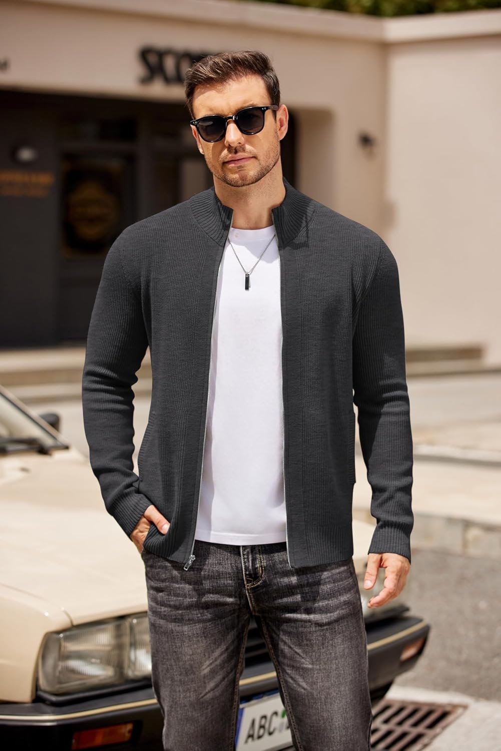 image:imageCOOFANDY Mens Zip Up Cardigan Sweater Slim Fit Casual Full Zipper SweatersDark Gray