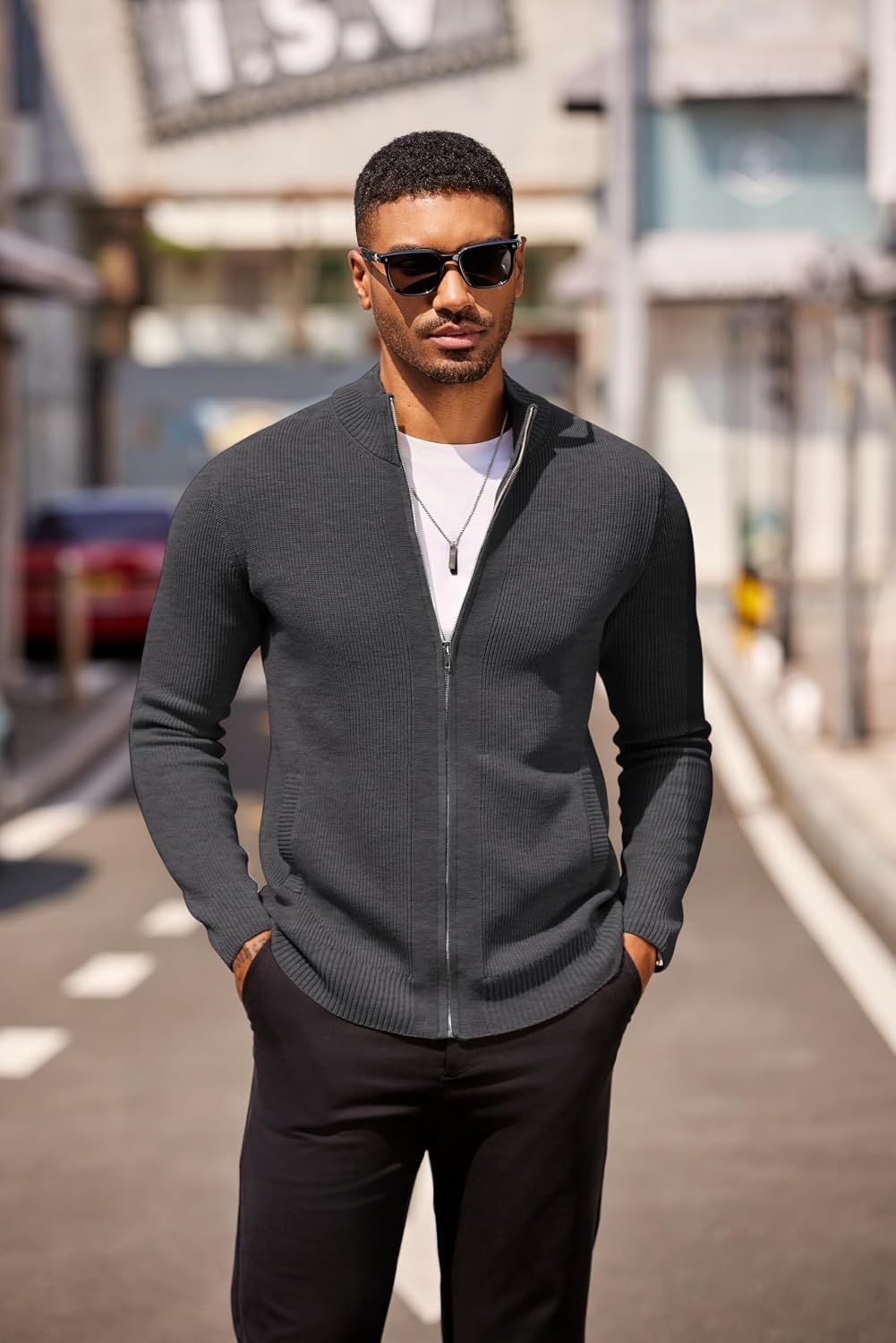 image:imageCOOFANDY Mens Zip Up Cardigan Sweater Slim Fit Casual Full Zipper SweatersDark Gray