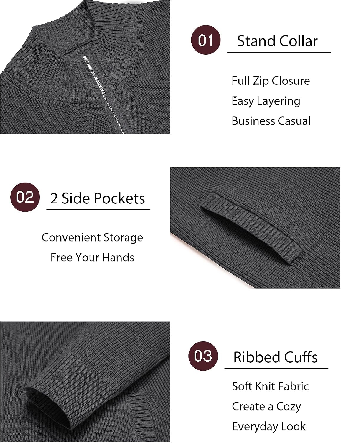 image:imageCOOFANDY Mens Zip Up Cardigan Sweater Slim Fit Casual Full Zipper SweatersDark Gray