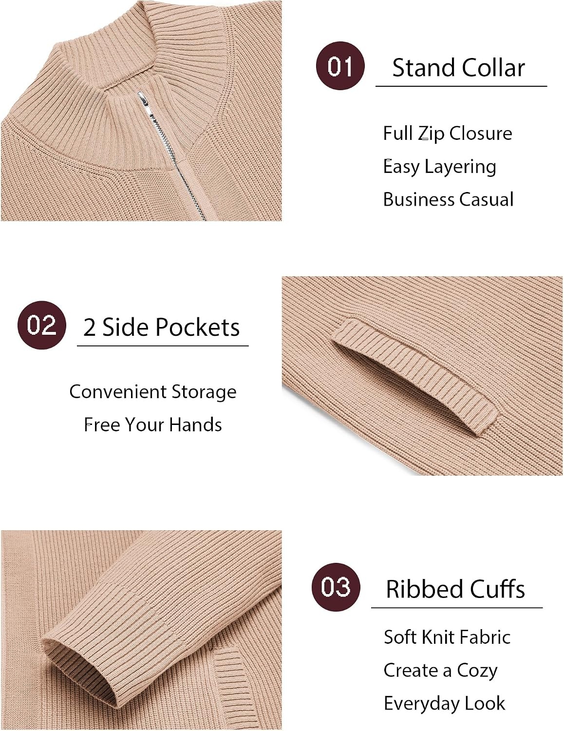 image:imageCOOFANDY Mens Zip Up Cardigan Sweater Slim Fit Casual Full Zipper SweatersDark Khaki