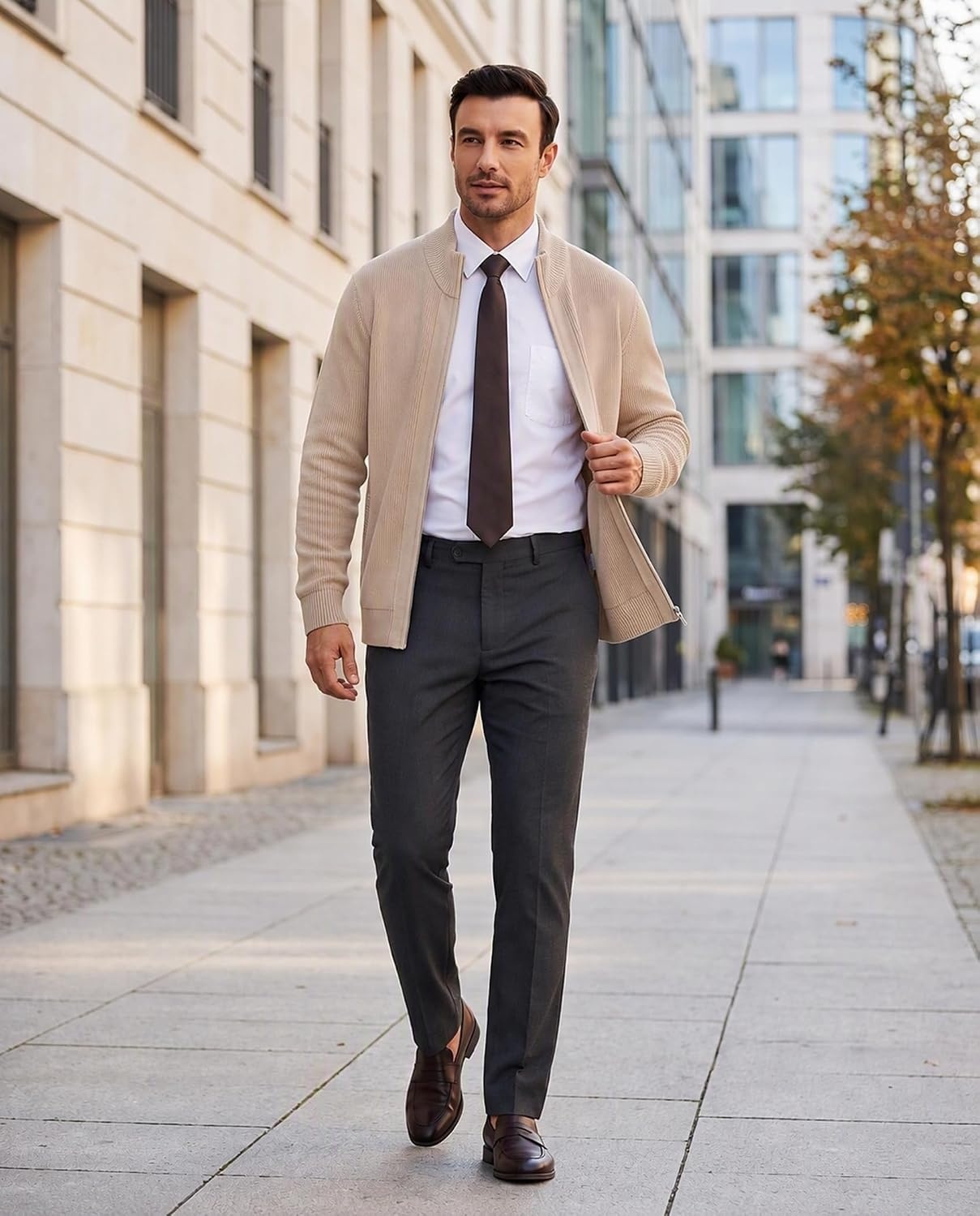 image:imageCOOFANDY Mens Zip Up Cardigan Sweater Slim Fit Casual Full Zipper SweatersDark Khaki