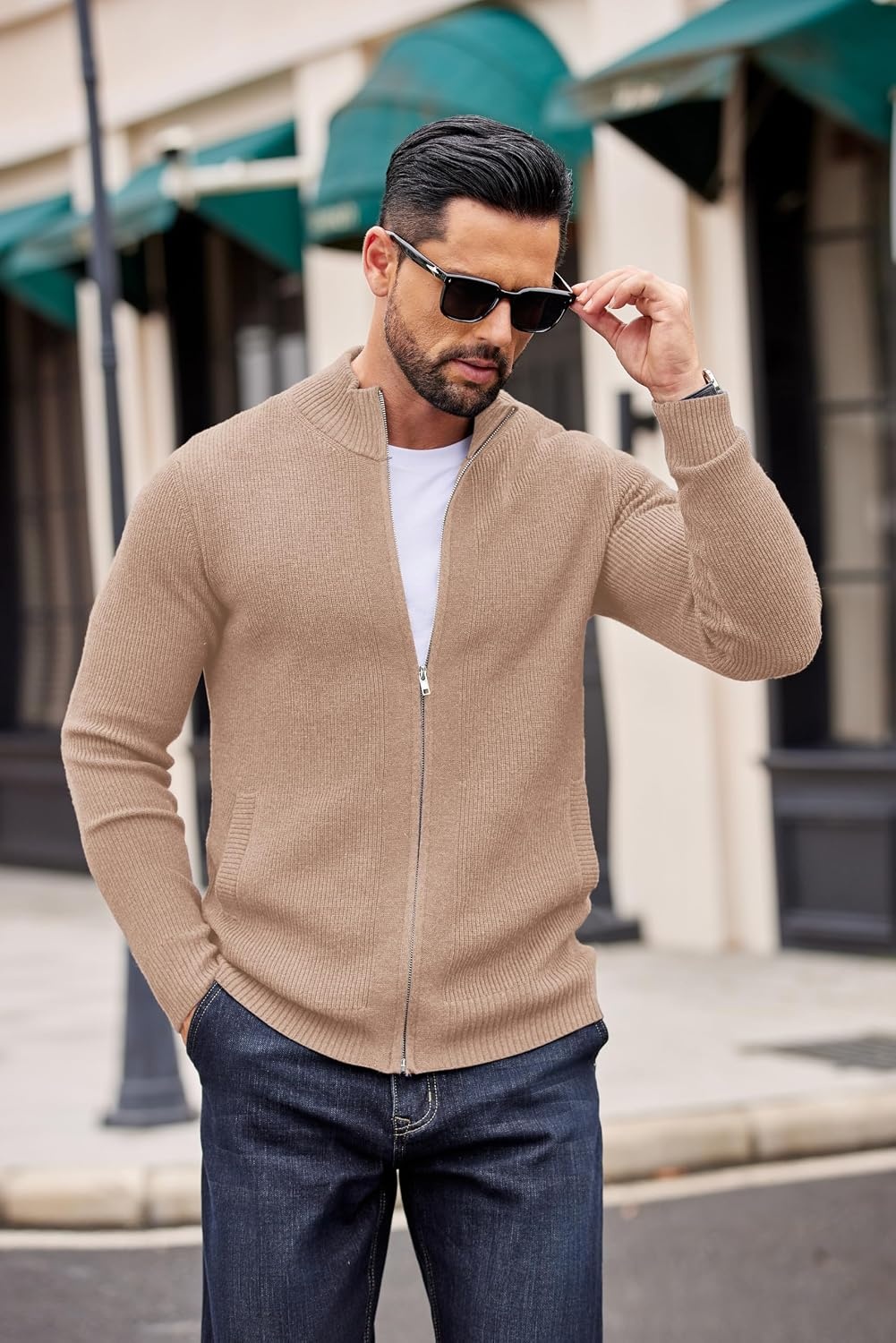 image:imageCOOFANDY Mens Zip Up Cardigan Sweater Slim Fit Casual Full Zipper SweatersDark Khaki