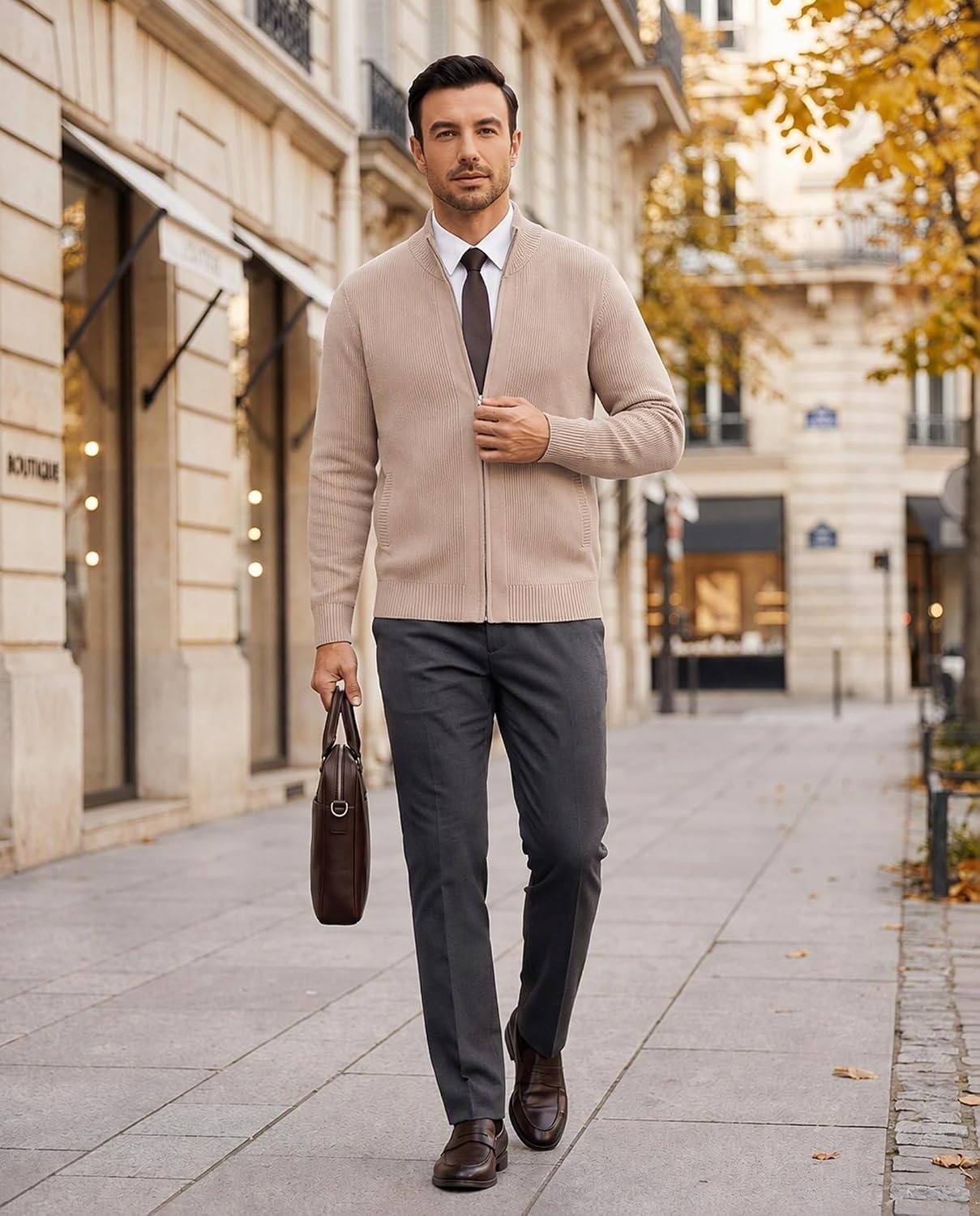 image:imageCOOFANDY Mens Zip Up Cardigan Sweater Slim Fit Casual Full Zipper SweatersDark Khaki
