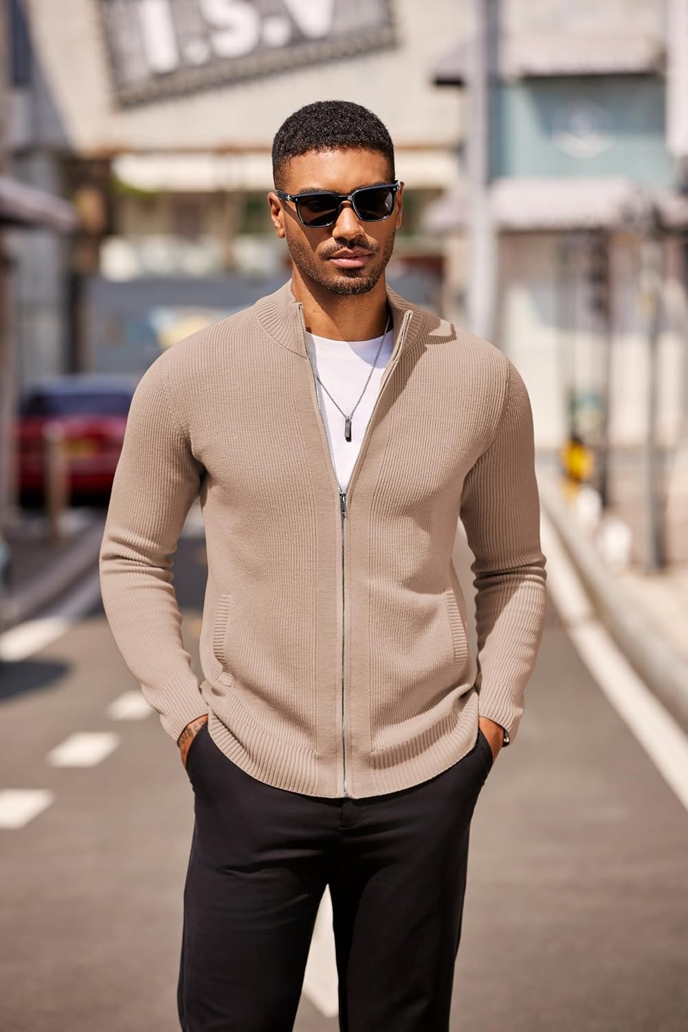 image:imageCOOFANDY Mens Zip Up Cardigan Sweater Slim Fit Casual Full Zipper SweatersDark Khaki