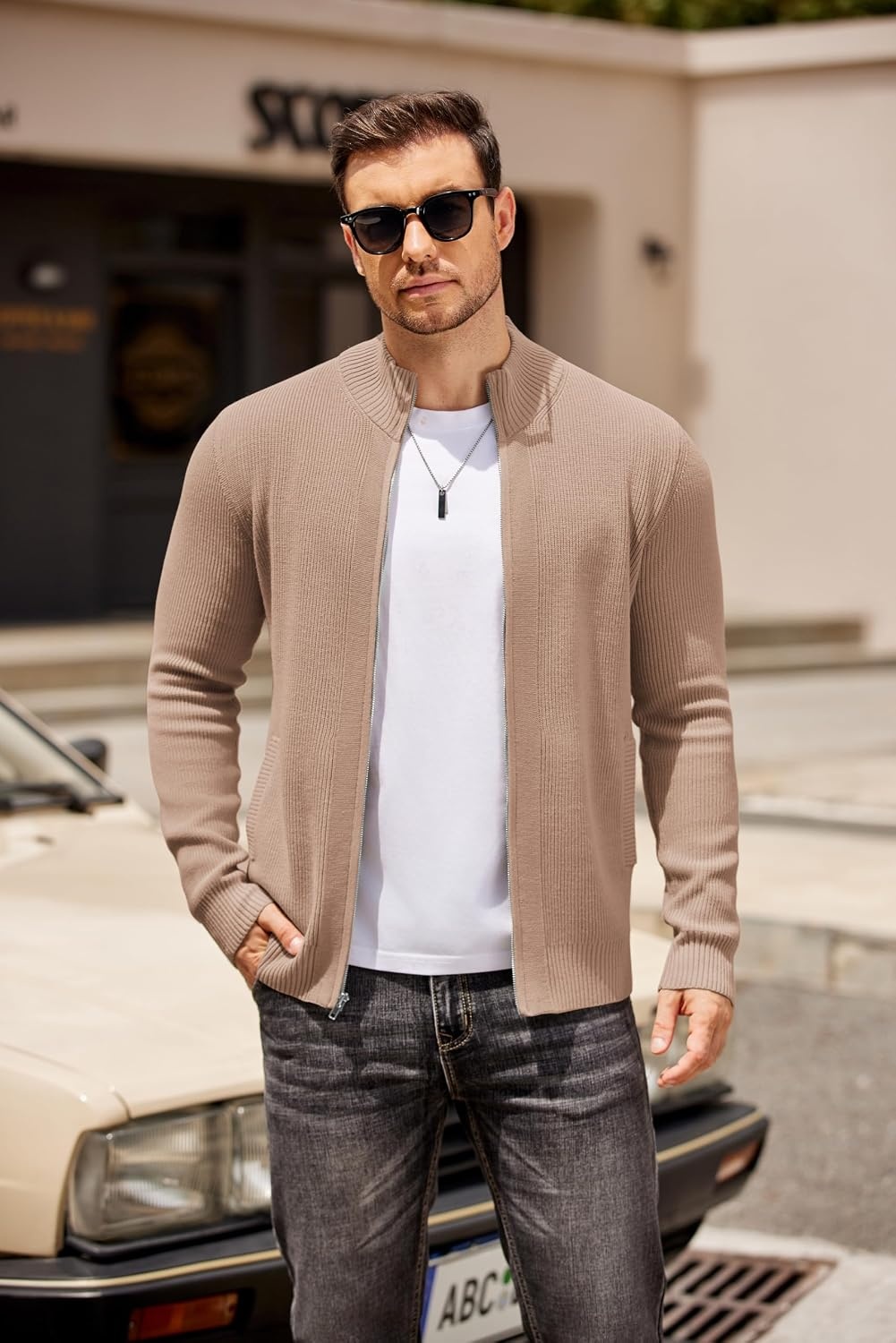 image:imageCOOFANDY Mens Zip Up Cardigan Sweater Slim Fit Casual Full Zipper SweatersDark Khaki