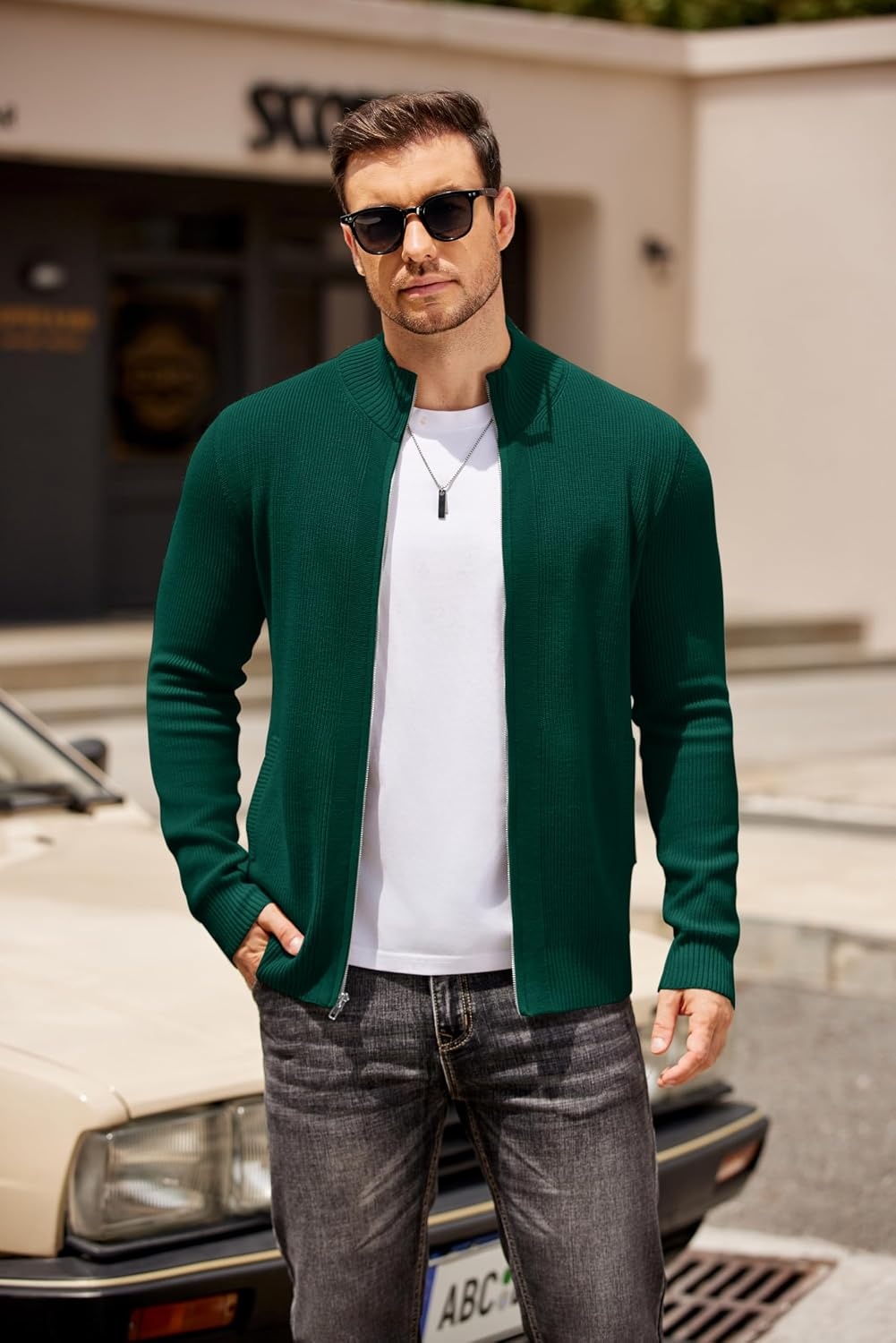 image:imageCOOFANDY Mens Zip Up Cardigan Sweater Slim Fit Casual Full Zipper SweatersGreen
