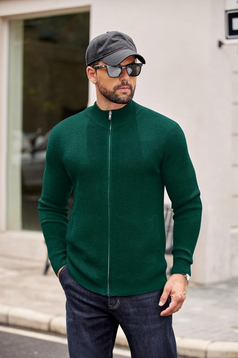 image:imageCOOFANDY Mens Zip Up Cardigan Sweater Slim Fit Casual Full Zipper SweatersGreen