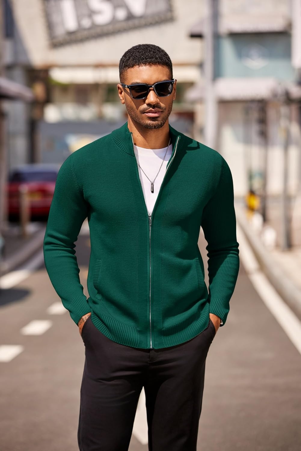 image:imageCOOFANDY Mens Zip Up Cardigan Sweater Slim Fit Casual Full Zipper SweatersGreen