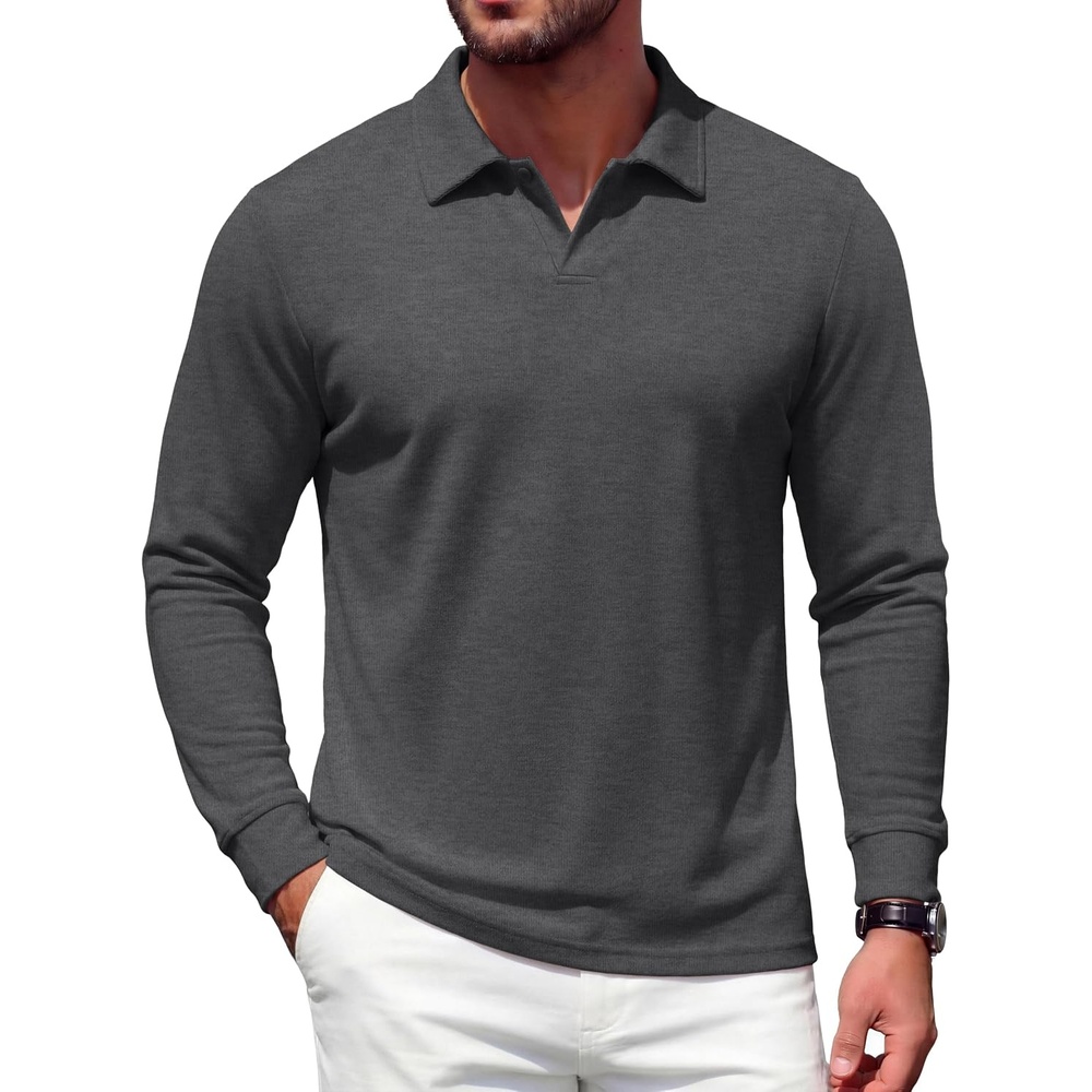 image:imageCOOFANDY Mens Knit Polo Shirts Casual Long Sleeve Polo Sweater Golf ShirtsDark Grey