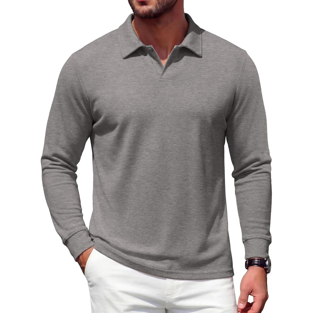 image:imageCOOFANDY Mens Knit Polo Shirts Casual Long Sleeve Polo Sweater Golf ShirtsGrey