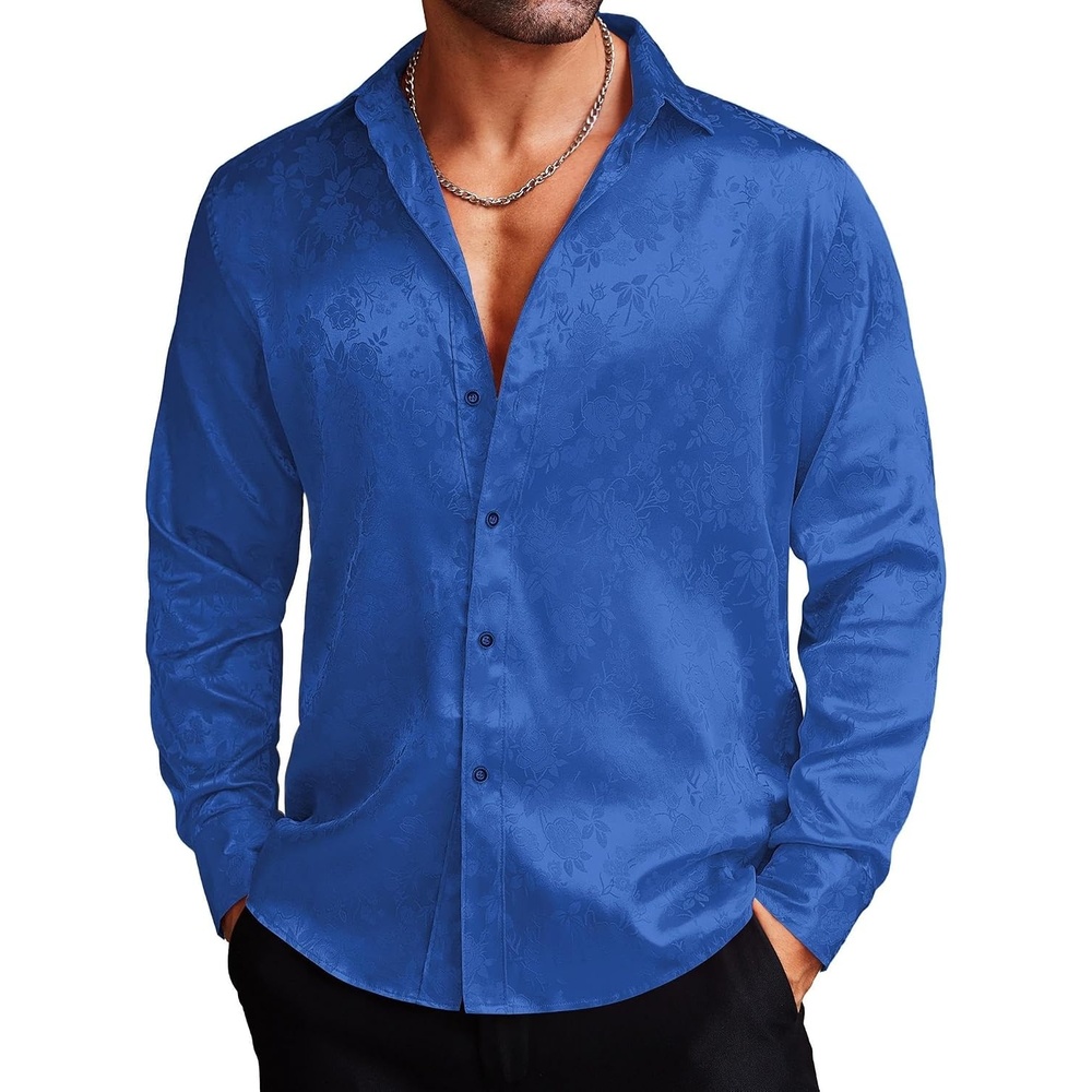 image:imageCOOFANDY Mens Stain Dress Shirts Jacquard Long Sleeve Floral Button Up Shirts Party Prom Wedding ShirtBlue Rose Jacquard
