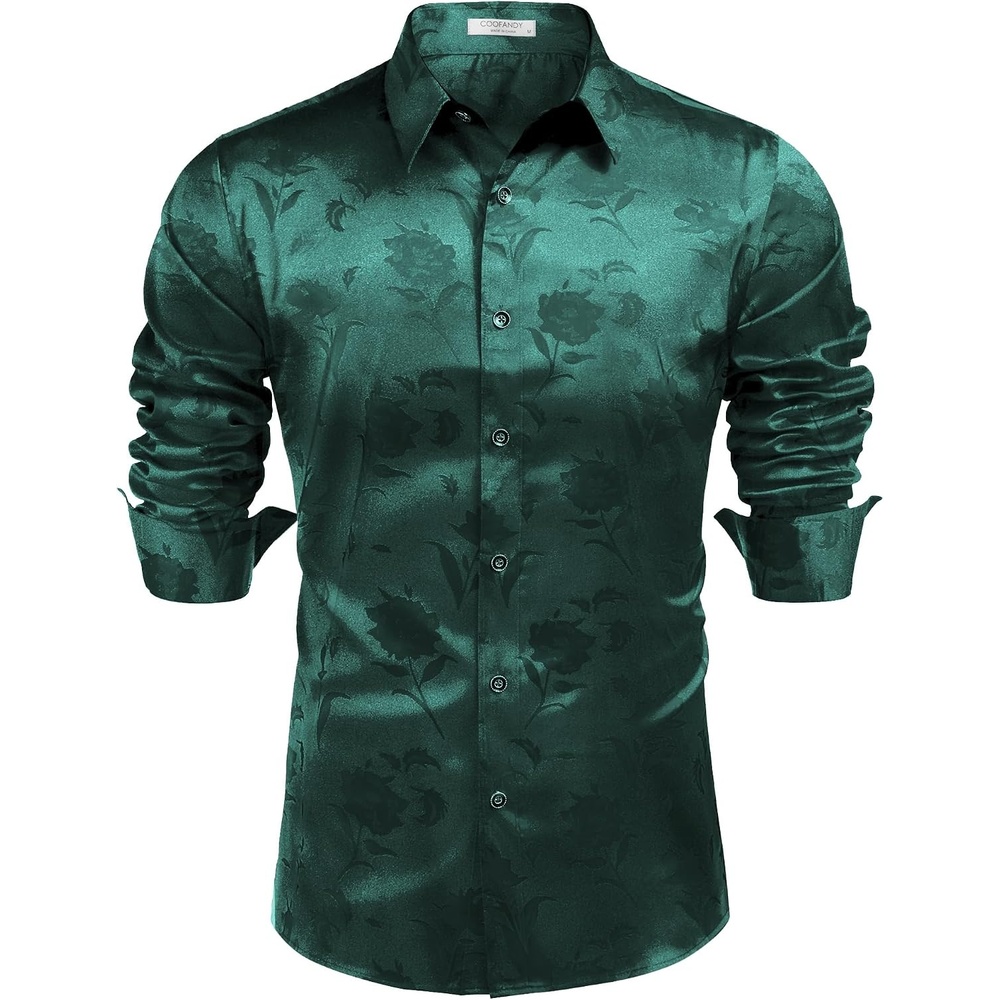 image:imageCOOFANDY Mens Stain Dress Shirts Jacquard Long Sleeve Floral Button Up Shirts Party Prom Wedding ShirtGreen Rose Jacquard