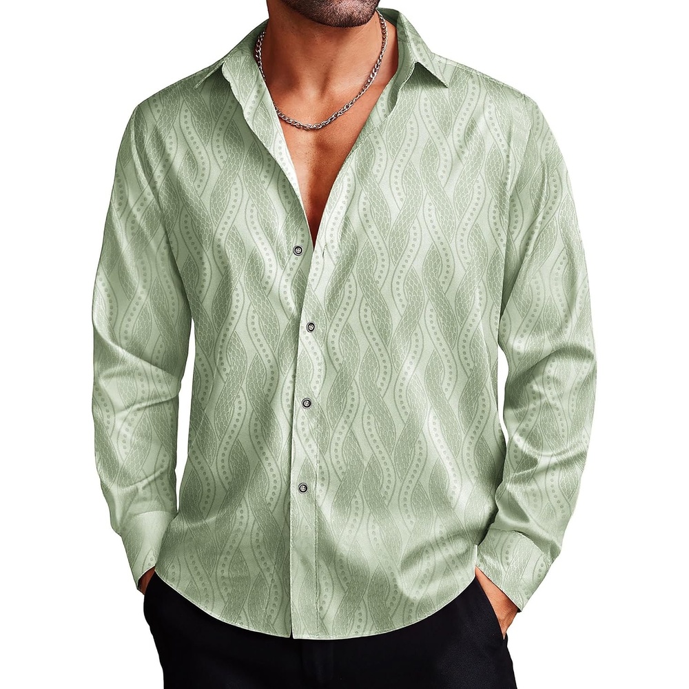 image:imageCOOFANDY Mens Stain Dress Shirts Jacquard Long Sleeve Floral Button Up Shirts Party Prom Wedding ShirtGreen Twist