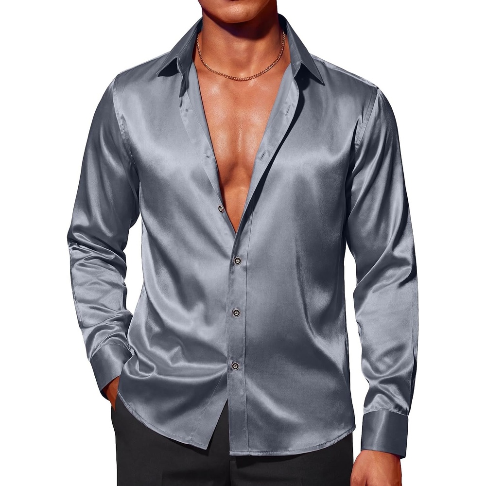 image:imageCOOFANDY Mens Stain Dress Shirts Jacquard Long Sleeve Floral Button Up Shirts Party Prom Wedding ShirtGrey