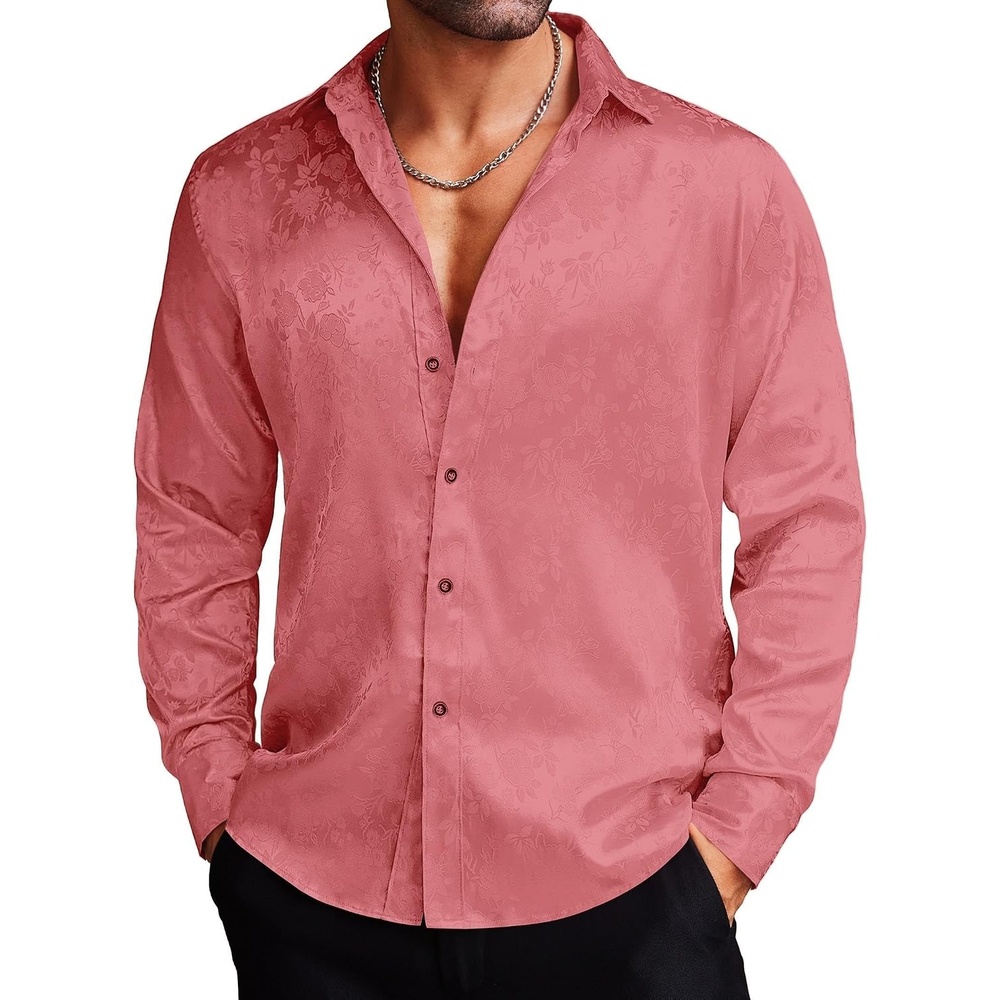 image:imageCOOFANDY Mens Stain Dress Shirts Jacquard Long Sleeve Floral Button Up Shirts Party Prom Wedding ShirtMisty Rose