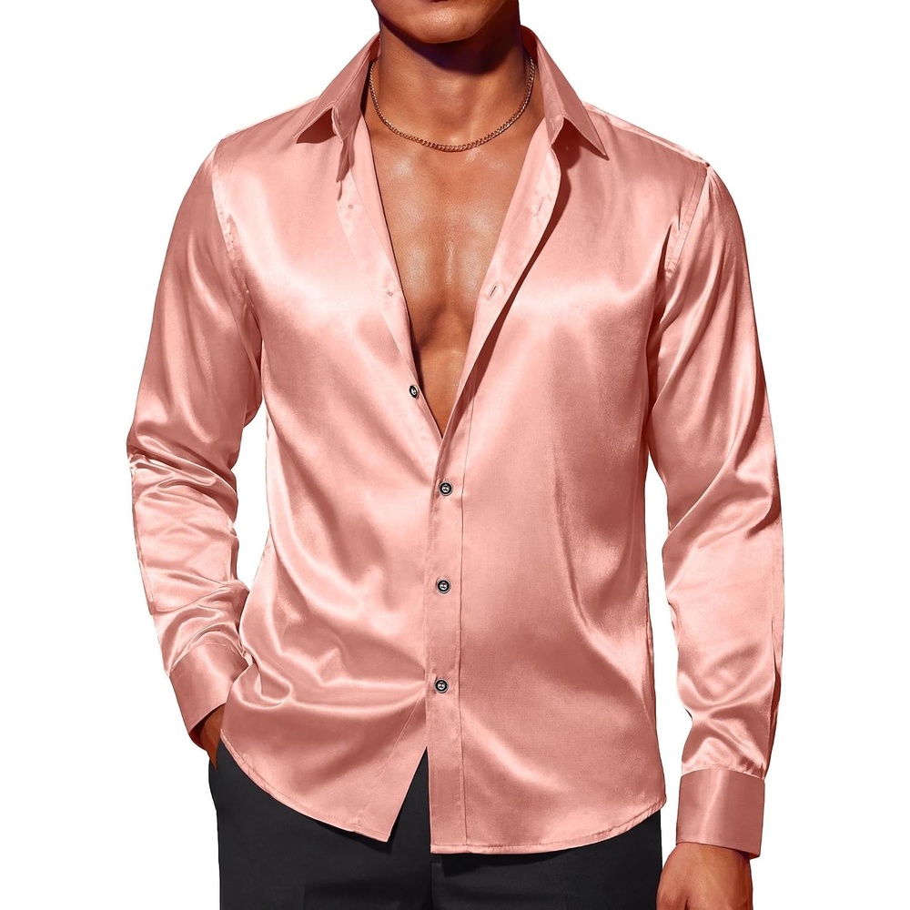 image:imageCOOFANDY Mens Stain Dress Shirts Jacquard Long Sleeve Floral Button Up Shirts Party Prom Wedding ShirtPink