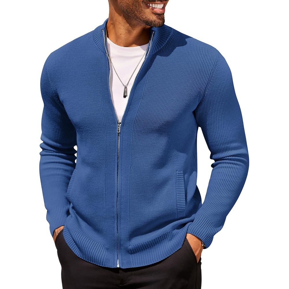 image:imageCOOFANDY Mens Zip Up Cardigan Sweater Slim Fit Casual Full Zipper SweatersBlue