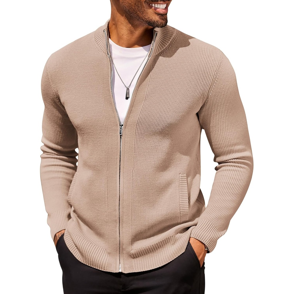 image:imageCOOFANDY Mens Zip Up Cardigan Sweater Slim Fit Casual Full Zipper SweatersDark Khaki