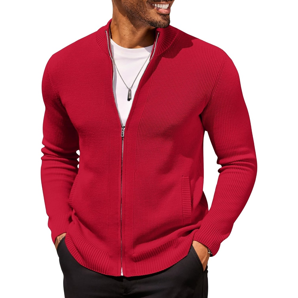image:imageCOOFANDY Mens Zip Up Cardigan Sweater Slim Fit Casual Full Zipper SweatersRed