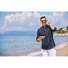 COOFANDY Men’s Cotton Linen Henley T-Shirts Long Sleeve Casual Beach Shirts(Navy Blue Retro Cuban Pattern)