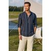 COOFANDY Men’s Cotton Linen Henley T-Shirts Long Sleeve Casual Beach Shirts(Navy Blue Retro Cuban Pattern)