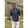 COOFANDY Men’s Cotton Linen Henley T-Shirts Long Sleeve Casual Beach Shirts(Navy Blue Retro Cuban Pattern)