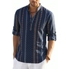 COOFANDY Men’s Cotton Linen Henley T-Shirts Long Sleeve Casual Beach Shirts(Navy Blue Retro Cuban Pattern)